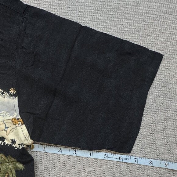 Vintage Consensus Sportswear Hawaiian Shirt Size L Black Palm Tree Pin-Up Girl - Picture 11 of 13